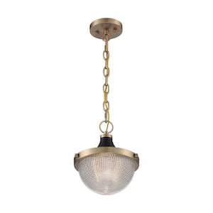 Faro 60-Watt 1-Light Burnished Brass with Black Shaded Pendant Light with Clear Prismatic Glass, No Bulbs Included