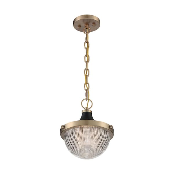 SATCO Faro 60-Watt 1-Light Burnished Brass with Black Shaded Pendant Light with Clear Prismatic Glass, No Bulbs Included