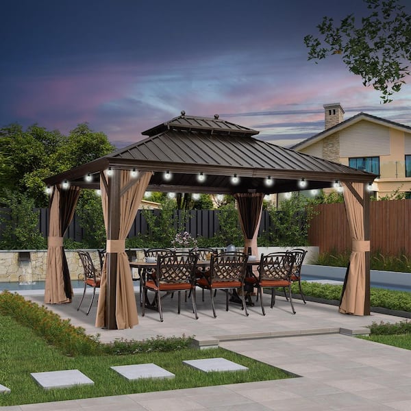 12 ft.x 14 ft.Bronze Patio Outdoor Gazebo for Backyard Hardtop Aluminum Frame with Hooks,Netting,Khaki Curtain,24 Lights