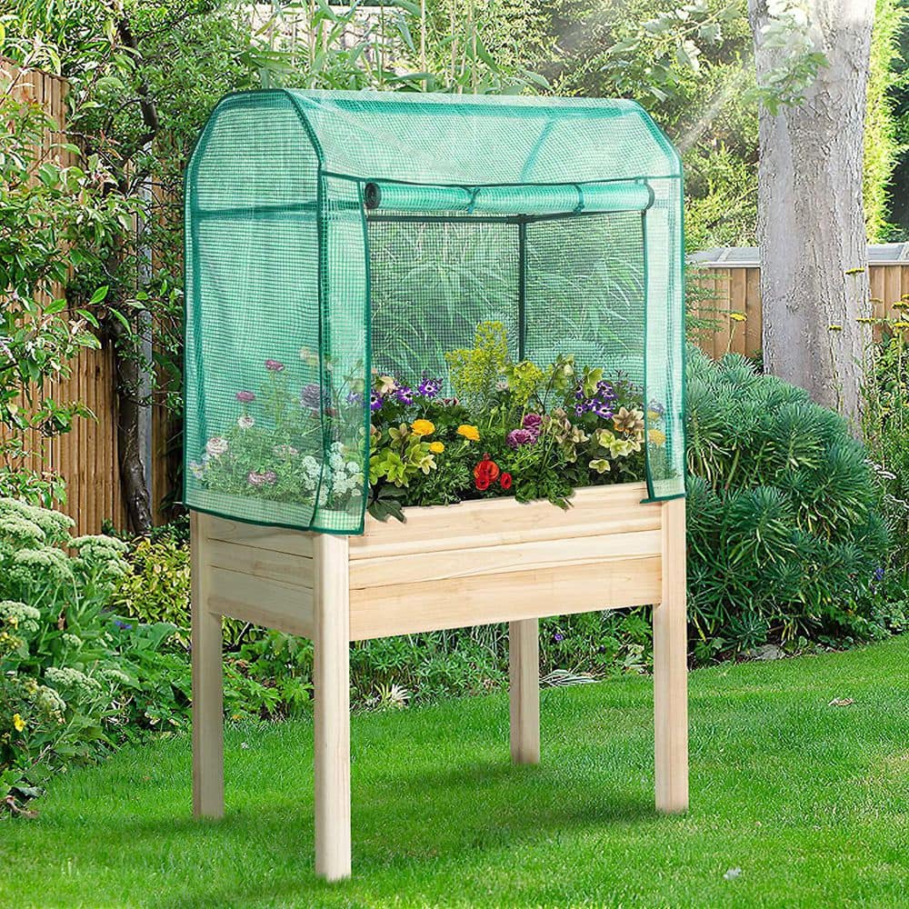 Large Tan Wood Elevated Planter Box with Greenhouse Cover