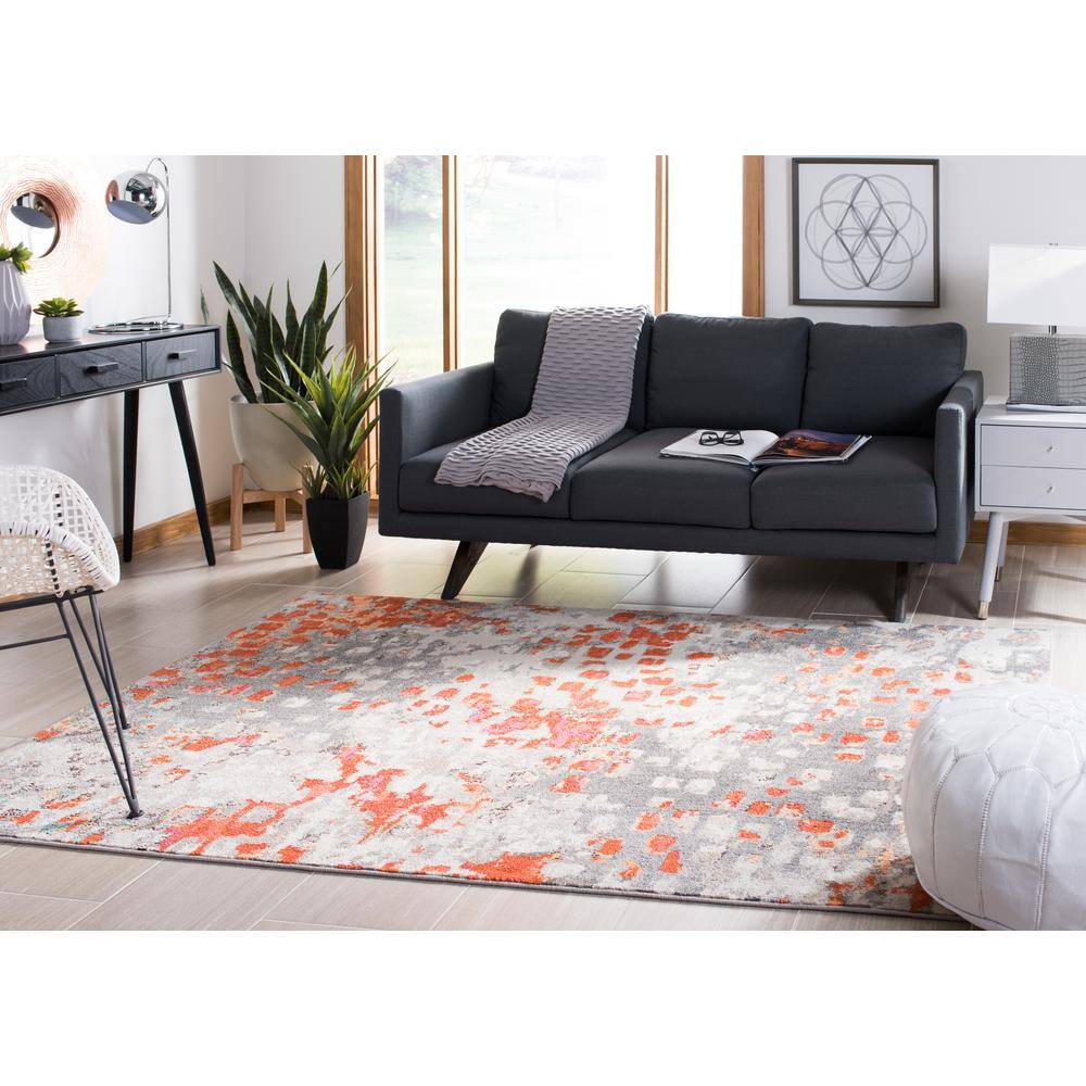 Grey and Orange Hand-knotted Synthetic Rectangular Area Rug