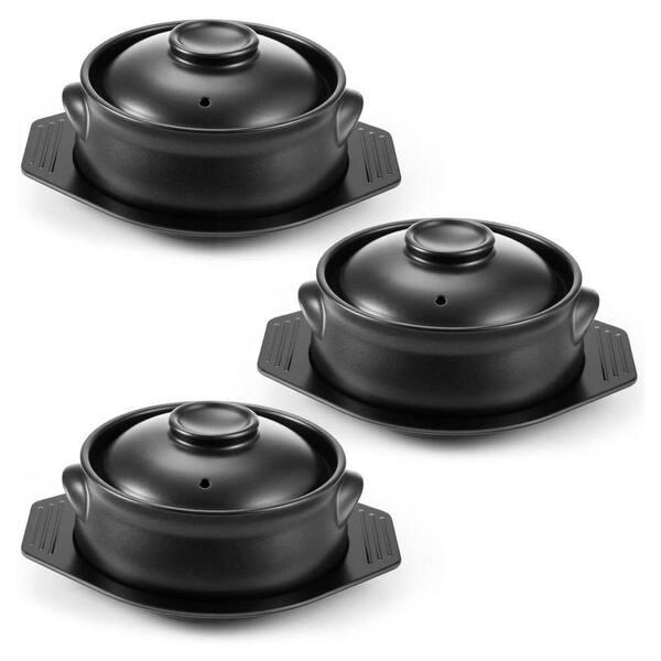 3 pcs Ceramic Korean Stone Bowl Set with Lids and Tray Sizzling Hot Pot for Stew Soup Rice Oven Microwave