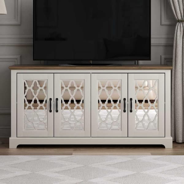 GALANO Heron 59.1 in. Ivory with Knotty Oak 4 Door TV Stand Fits TV's up to 65 in.