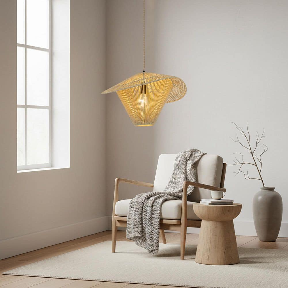 Elara 60 Watt 20 in. 1-Light Gold Coastal Boho Hat Shaped Pendant Light for Living Room with Woven Shade price history on PriceWatchPro