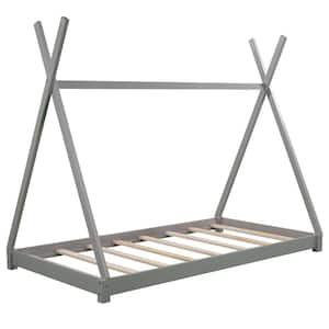 Gray Wood Frame Twin Size House Platform Bed with Triangle Structure