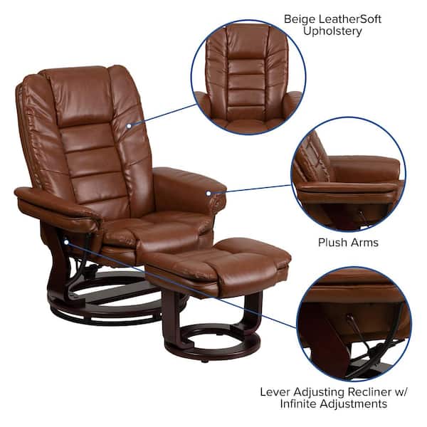 Brown Vintage Bali Contemporary Multi-Position LeatherSoft Recliner Chair w/ Ottoman, Swivel Recliner Chair, Ottoman Set