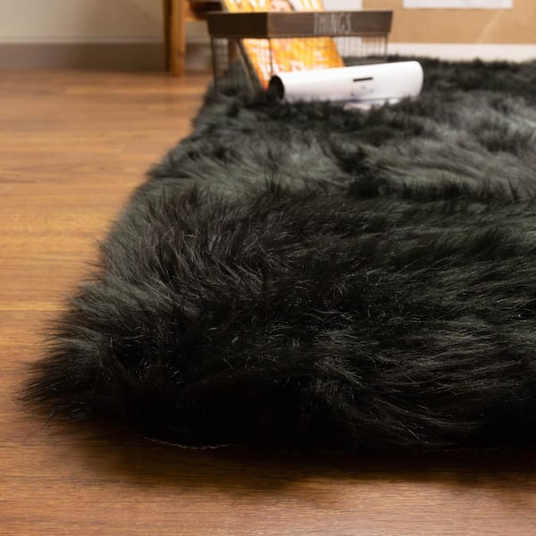 Super Area Rugs Serene Silky Faux Fur, Black Furry Living Room Rugs