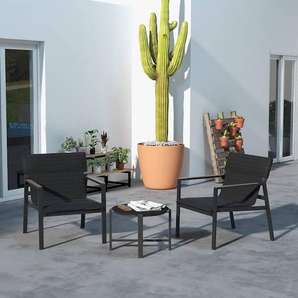 Black 3-Piece Set Outdoor Aluminum Patio Conversation Set with Mesh Sling Armchair