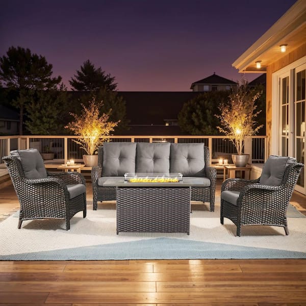 4-Piece Brown Wicker Fire Pit Conversation Set with Olefin Gray Cushions and Curved Arm Lounge Chairs and Couch