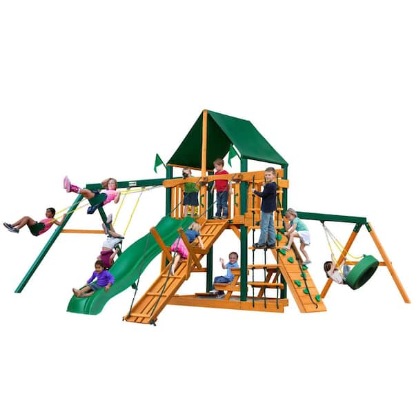 Gorilla Playsets Frontier Wooden Swing Set with Sunbrella Canvas Canopy, Timber Shield Posts and Tire Swing
