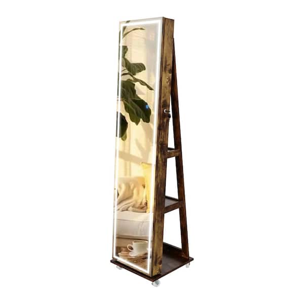 Unbranded Space-Saving Design Antique Gray MDF Full Length Mirror 360° Swivel LED Light Jewelry Cabinet for Cloakroom, Bedroom