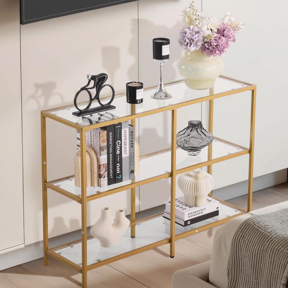 SKYSHALO 3-Tier Glass Console Table with Tempered Glass Top and