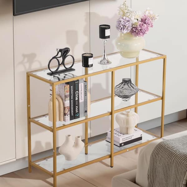 3-Tier Glass Console Table with Tempered Glass Top and Sturdy Iron Frame, Gold Finish, Modern Rectangular Side Table