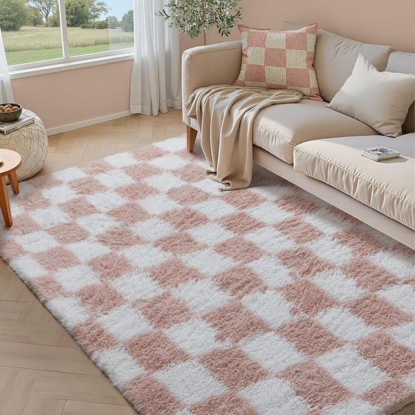 Checkerboard Shag Pink/White 5 ft. x 8 ft. Checkered Area Rug