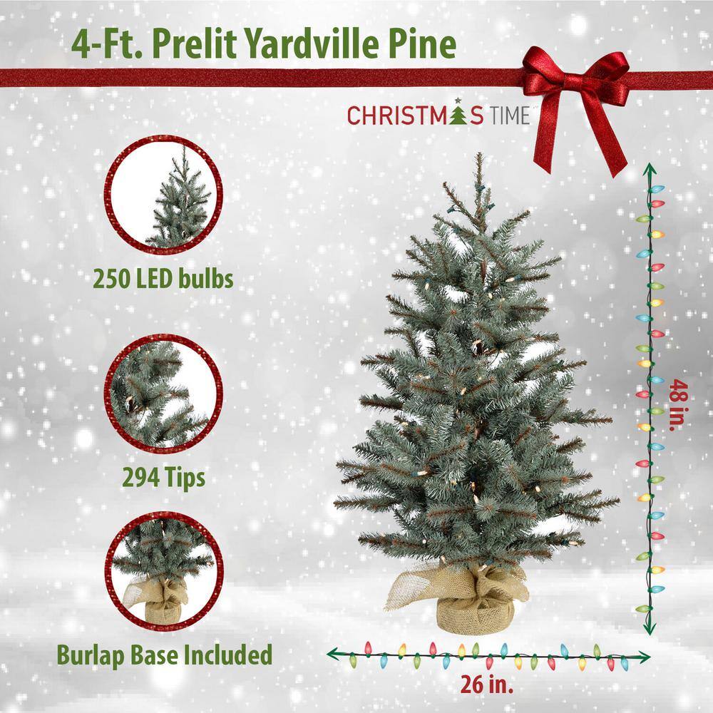 4 ft Prelit Pine Christmas Tree with Burlap Base and LED Lights