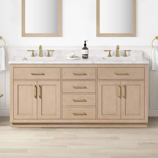 Athea 72 in. Freestanding Sahara Birch Bath Vanity with White Engineered Marble Top, Power Bar and Brushed Gold Hardware
