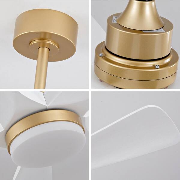 42 in. Smart Gold Solid Wood White Blades 2-Size Downrod Mount Standard Ceiling Fan with 3-Color Dimmable LED Light