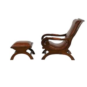 Brown Upholstered Leather Teak Wood Accent Chair with Ottoman with Scrollwork and High Back