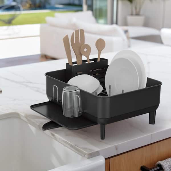simplehuman Compact Dish Rack Drying Rack with Swivel Spout Drainer, Fingerprint-Proof Steel Frame, Matte Black