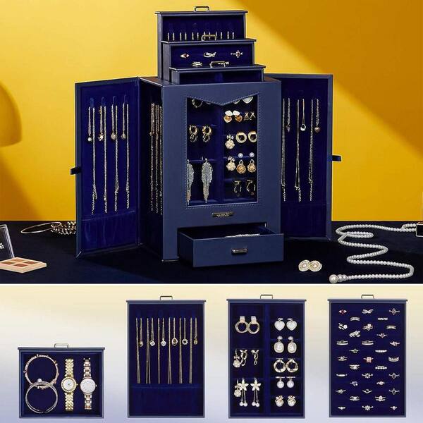 Dark Blue 8.5 in. x 11.5 in. Polyurethane Modern Jewelry Box with