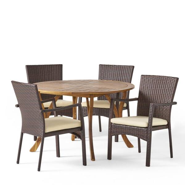 Noble House Baldwin Multi-Brown 5-Piece Wood and Faux Rattan Outdoor Patio Dining Set with Cream Cushions