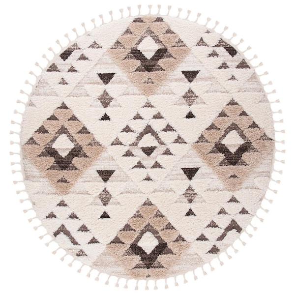 Moroccan Tassel Shag Ivory/Brown 10 ft. x 10 ft. High-Low Geometric Fringe Round Area Rug