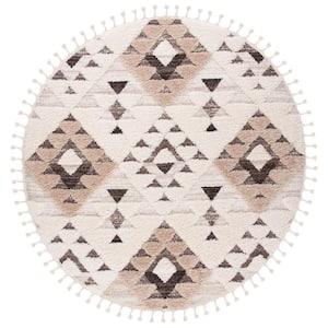 Moroccan Tassel Shag Ivory/Brown 7 ft. x 7 ft. Round Moroccan Area Rug