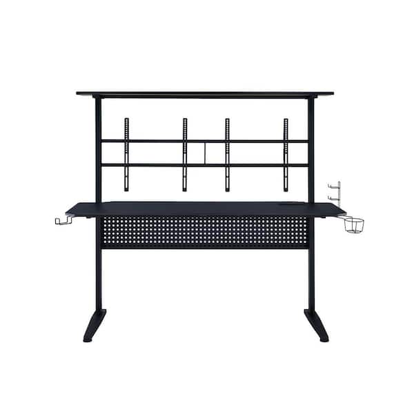 Unbranded 59 in. Rectangular Black with MDF, PVC Paper Metal Material Computer Desk with Built-in USB Port and Plug