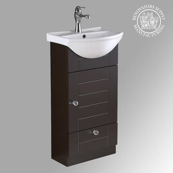 Corner Wall Mount Vanity, White Sink, Dark Oak Cabinet, Faucet and Drain