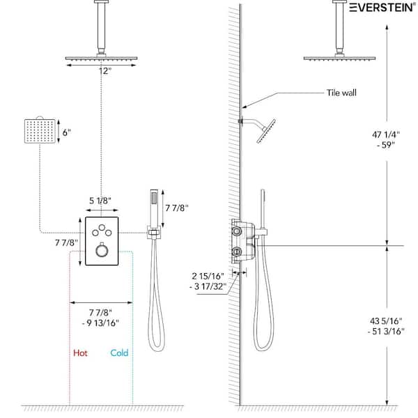 EVERSTEIN 7-Spray Patterns Thermostatic 12 in., 6 in. Ceiling