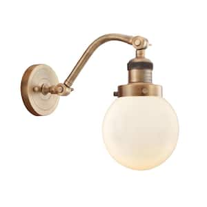 Beacon 1-Light Brushed Brass, Matte White Wall Sconce with White Glass Shade