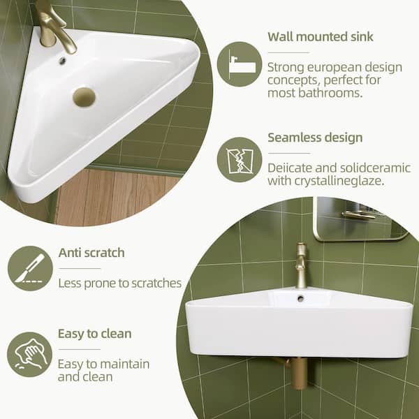 FAHKNS Corner Bathroom Sink – 17" X 13" Triangle Ceramic Vessel Sink, Wall Mount, Above Counter, Small Space Solution (Faucet & Drain Not Included)