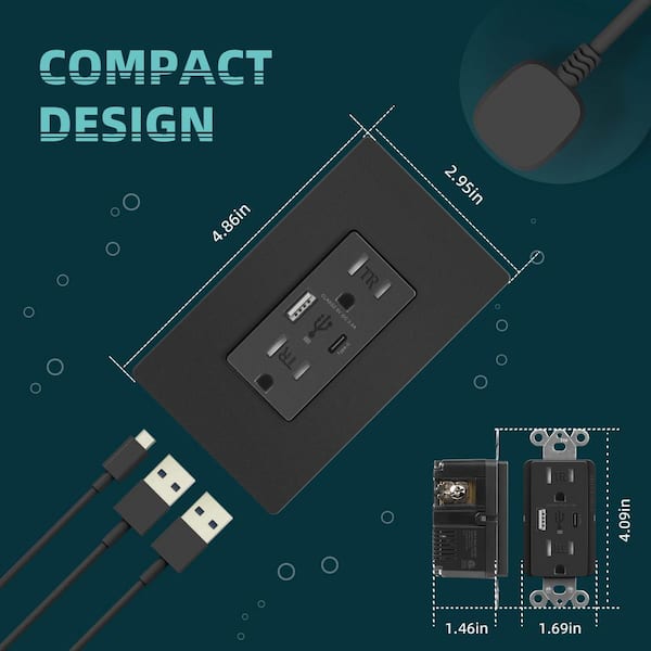 BIBIVIS Black 4.8A USB Wall Receptacle with Type A & Type C Ports