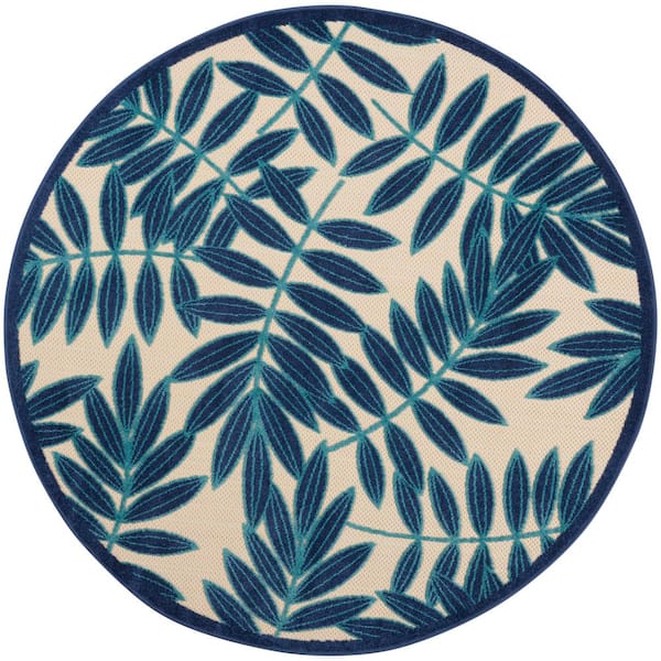 Nourison Aloha Navy 5 ft. x 5 ft. Round Floral Contemporary Indoor/Outdoor Patio Area Rug
