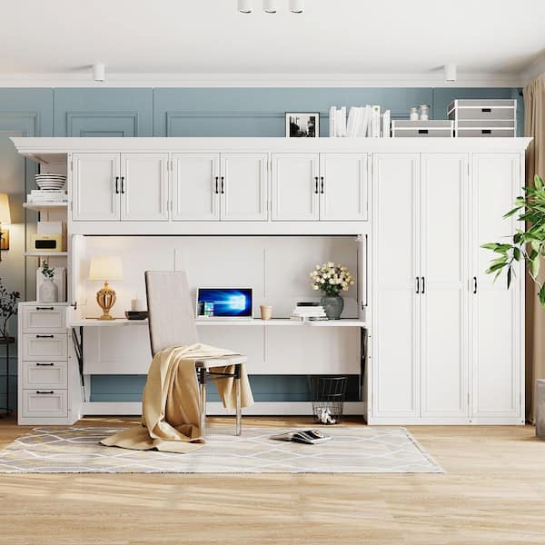 White Wood Frame Twin Murphy Bed with Wardrobe, Cabinet and Desk