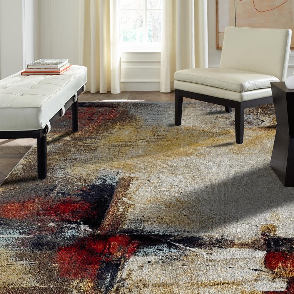 Ivory and Red Abstract Synthetic Rectangular Area Rug