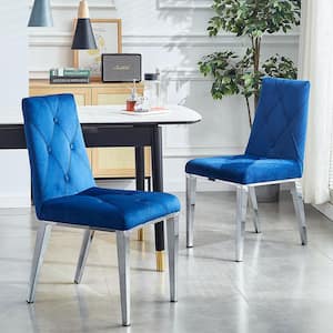Dark Blue Velvet Fabric Upholstered Dining Chairs Side Chairs Kitchen Chairs for Dining Room with Chrome Legs (Set of 2)
