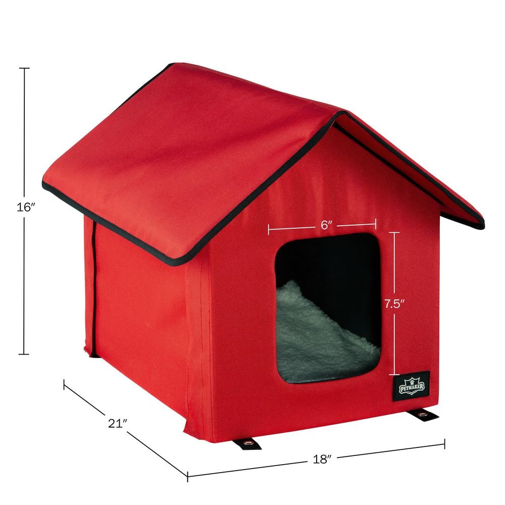 Red Heated Cat House with Sherpa Pad and Zippered Roof