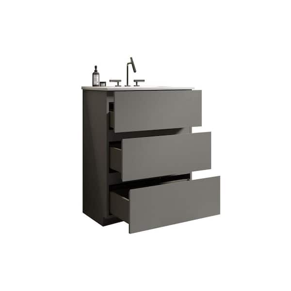 24 in. W Single Sink Freestanding Grey Bath Vanity with White Ceramic Top and 3-Drawers