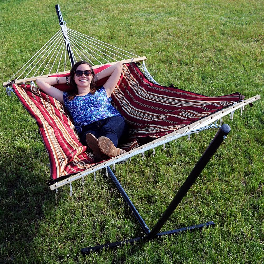 12 ft Red and Brown Striped Rope Hammock with Steel Stand