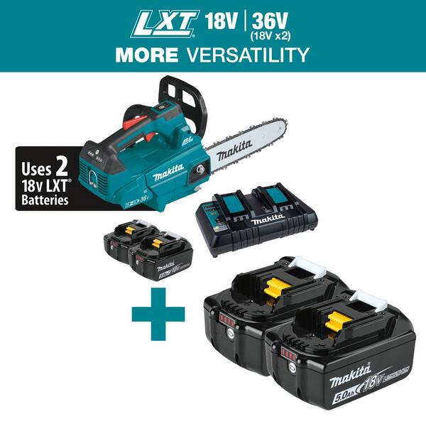 Makita LXT 14 in. 18V X2 (36V) Brushless Top Handle Electric Battery Chainsaw Kit (5.0Ah) with 18V LXT 5.0 Ah (2-Pk)