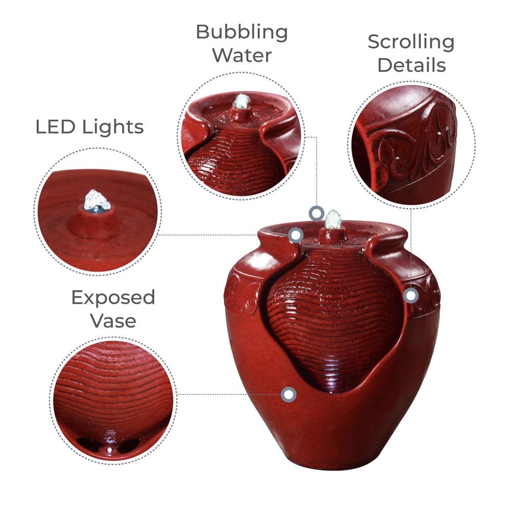 Serene Elegance 16" Red Glazed Pot LED Floor Fountain