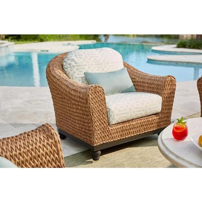 Camden Light Brown Seagrass Wicker Outdoor Patio Lounge Chair w/ Sunbrella Cast Spa & Fretwork Mist Cushions (2-Pack)
