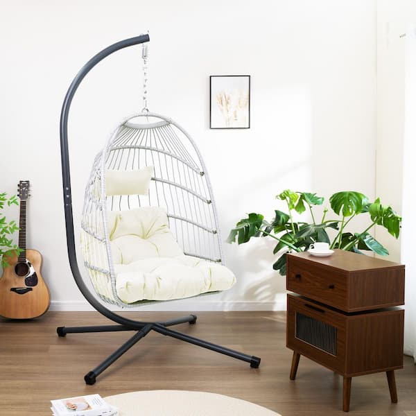 Nestfair Wicker Outdoor Patio Swing Egg Chair Hammock Egg Chair with Stand and White Cushion