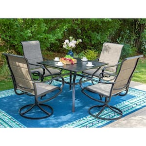 Black 5-Piece Metal Outdoor Patio Dining Set with Slat Square Table and Padded Textilene Swivel Chairs