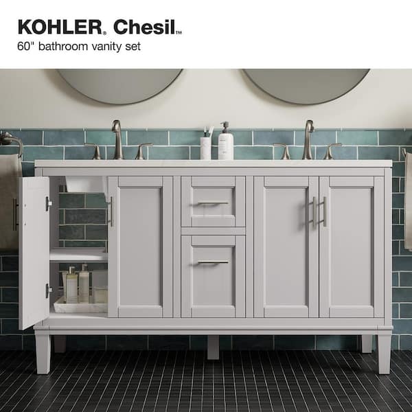 KOHLER Chesil 60in. Double Sink Freestanding Atmos Grey Bath Vanity with Bianco Bella Quartz Top Assembled