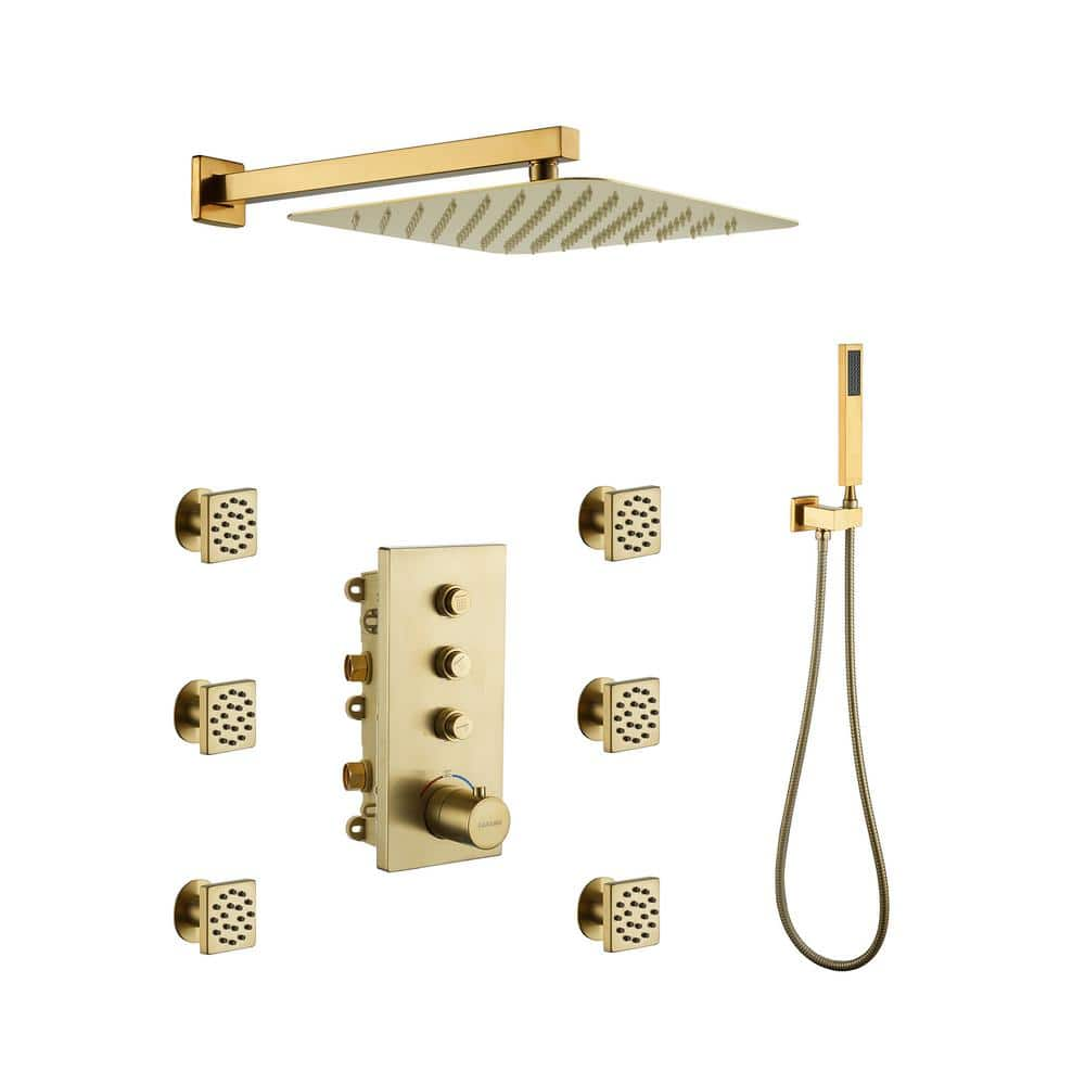 CASAINC Luxury Thermostatic 2-Spray Patterns 12 in. Flush Wall Mount Rainfall Dual Shower Heads with 6-Jets in Brushed Gold