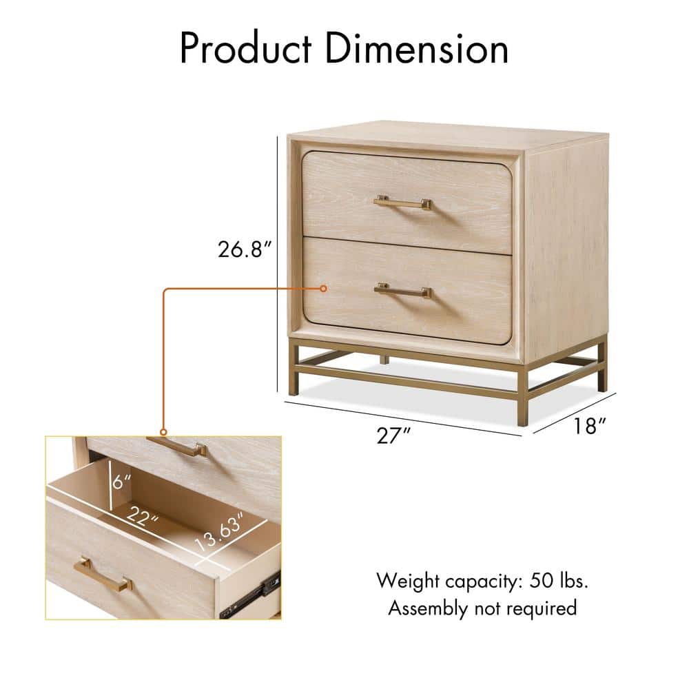 Oak and Metal 2-Drawer Nightstand with Brass Handles