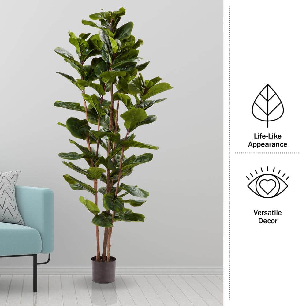 Lush Green 72" Fiddle Leaf Fig Topiary with Lights in Black Plastic Pot