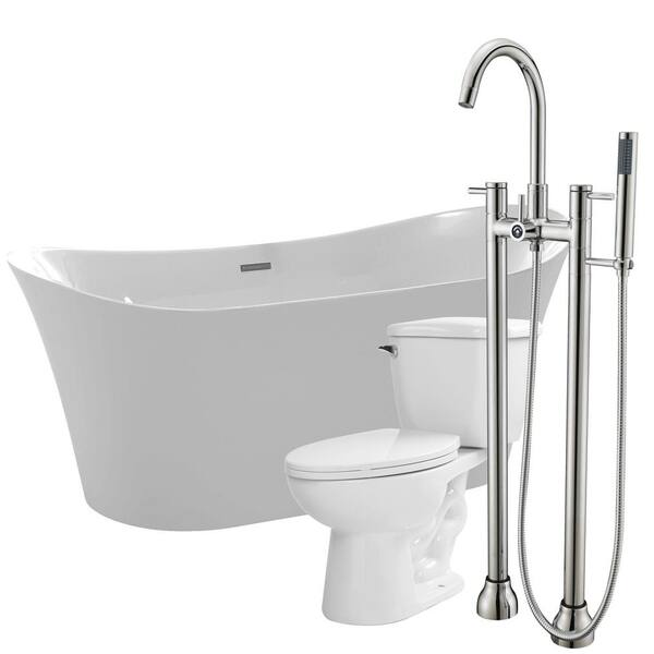 ANZZI Eft 67 in. Acrylic Flatbottom Non-Whirlpool Bathtub in White with Sol Faucet and Kame 1.28 GPF Toilet